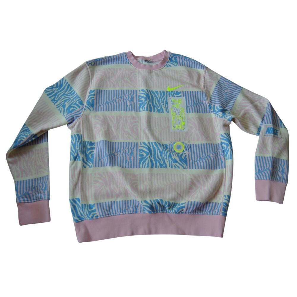 Nike Club Fleece Pink & Blue Trippy Safari Geo Pullover Sweater M/L